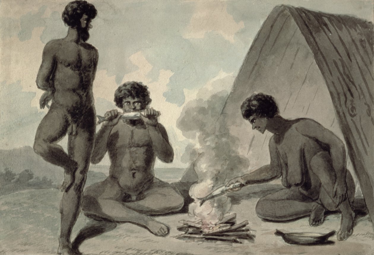 Aboriginer som spiser fisk foran et bål, muligens av Philip Gidley King (1758-1808) av Unbekannt Unbekannt