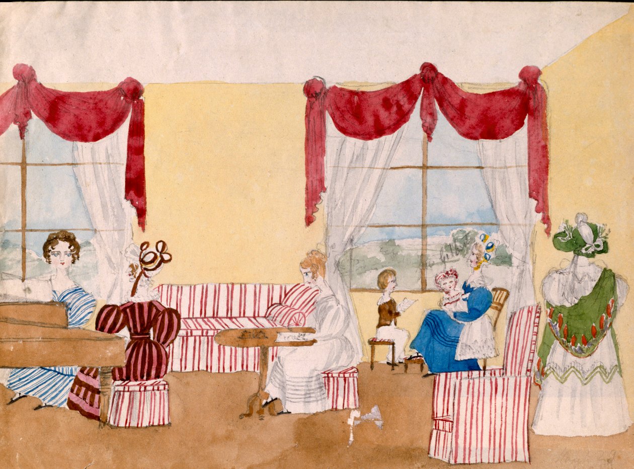 Interiør med kvinner og barn, ca. 1830, britisk, akvarell av Unbekannt Unbekannt