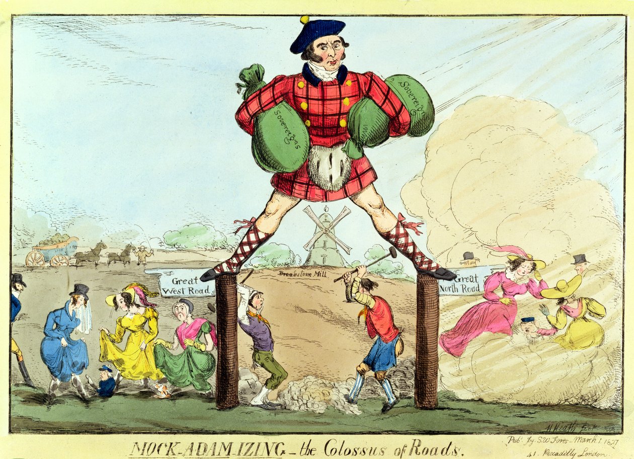 Mock-Adam-izing: the Colossus of Roads, en lampe av John MacAdam, 1827 (trykk) av Unbekannt Unbekannt