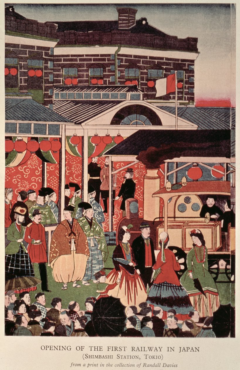 Åpning av den første jernbanen i Japan (Shimbashi Station, Tokyo), 1800-tallet (trykk) av Unbekannt Unbekannt