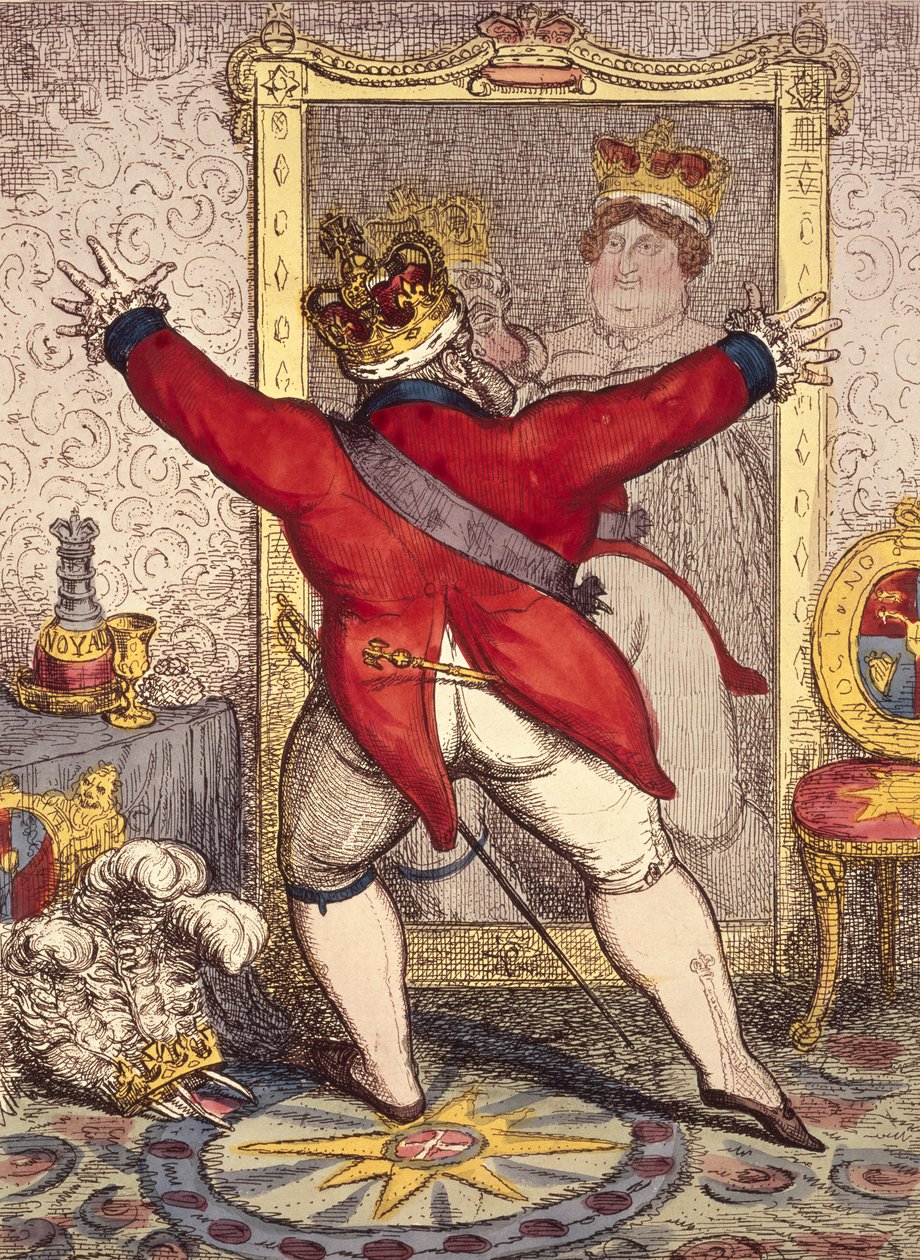 Refleksjon: Å være, eller ikke være, tegneserie av kong George IV av England (1762-1830), 1820 (trykk) av Unbekannt Unbekannt