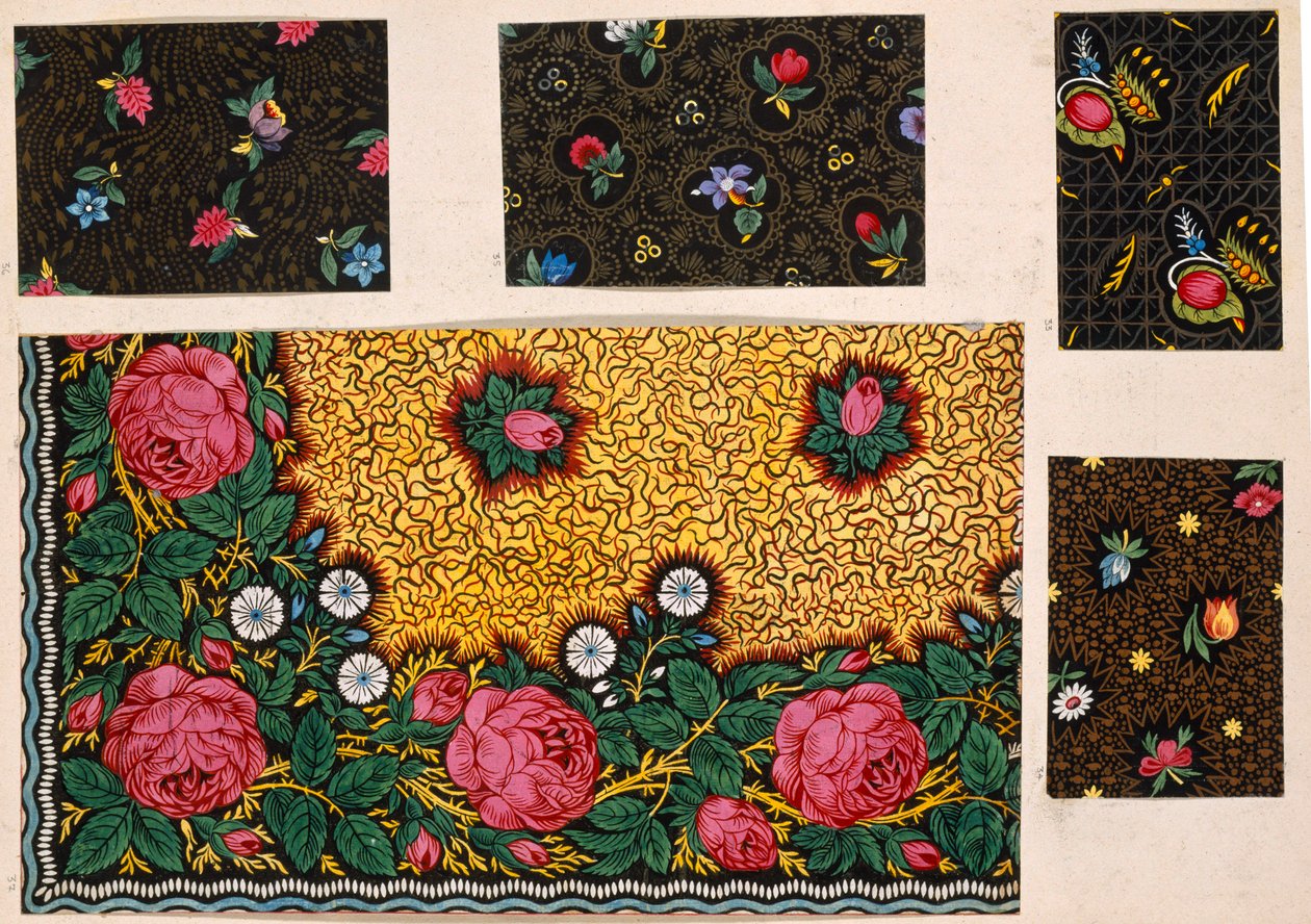 Tekstildesign, rosa roser med ekstra fargebytter. Fransk, tidlig på 1800-tallet av Unbekannt Unbekannt