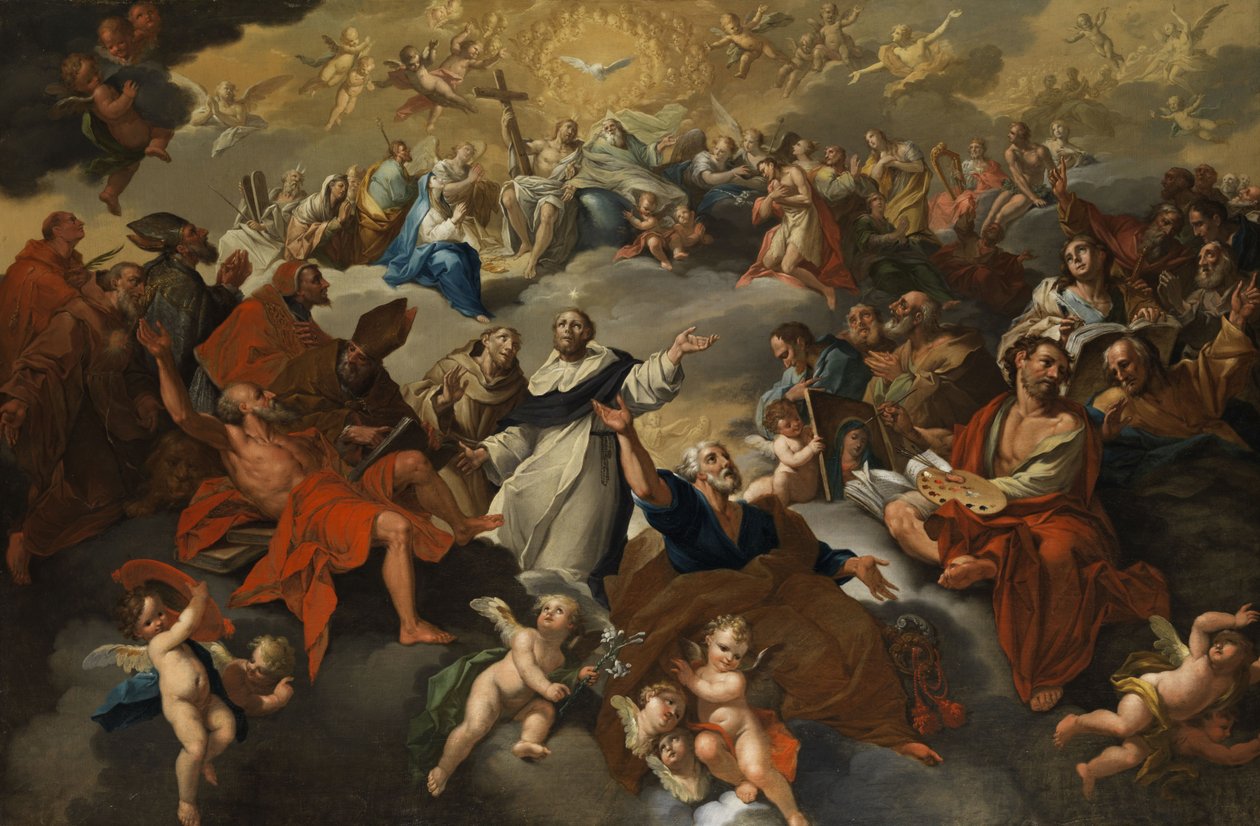 Hellig samling i paradis med apoteose i St. Dominic og Francis. av Unknown