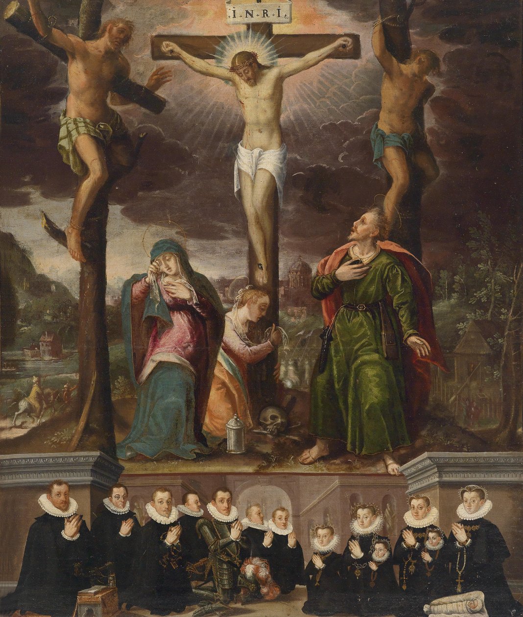 Korsfestelsesscene med giverfamilie av Unknown