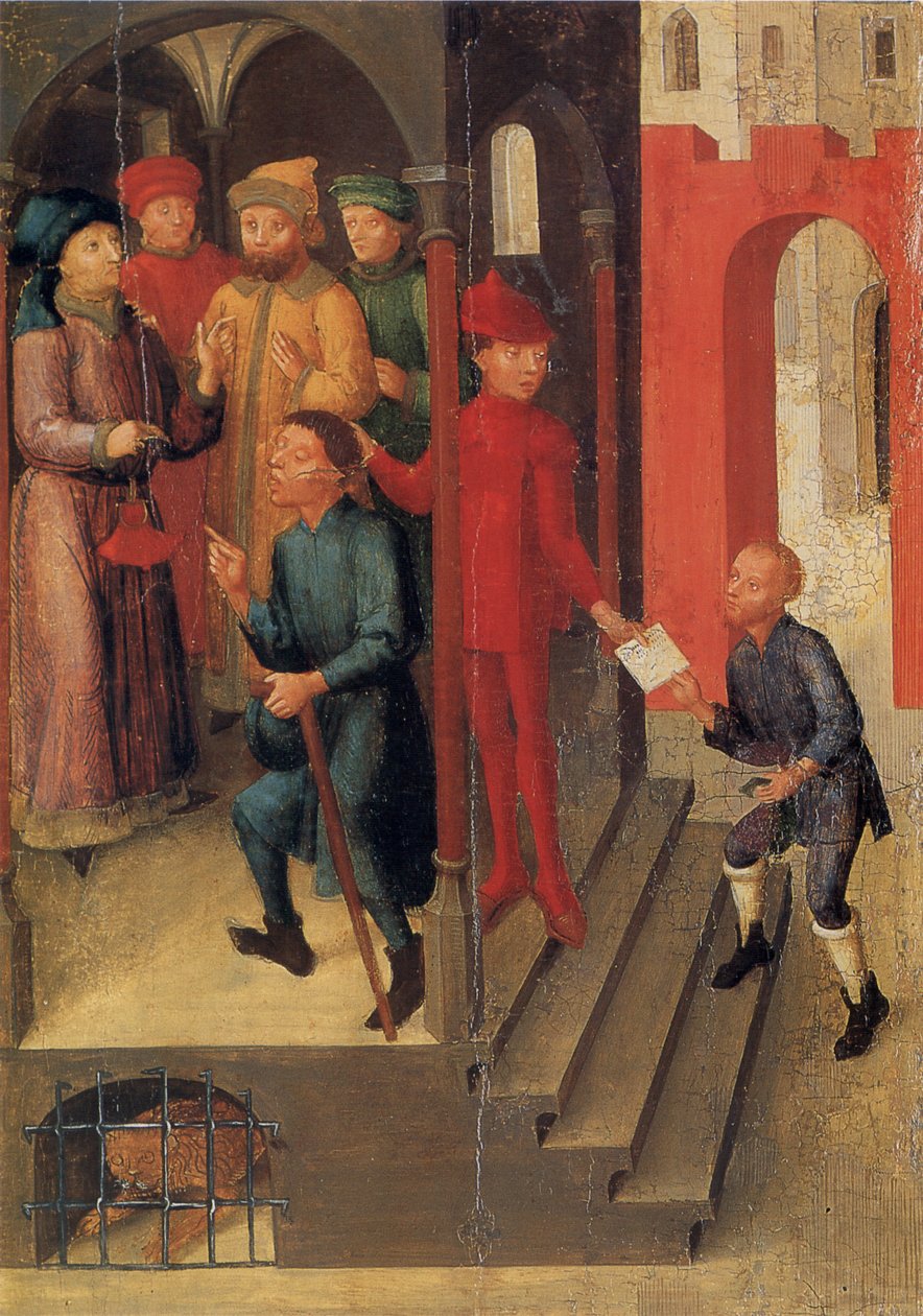 Weingartener Heilig-Blut-Tafel fra 1489. Landesmuseum Württemberg, Stuttgart.   Plate 10: Adilbero rapporterer den guddommelige åpenbaringen til de kjente i Mantuas (ifølge legenden i 1048) av Unknown