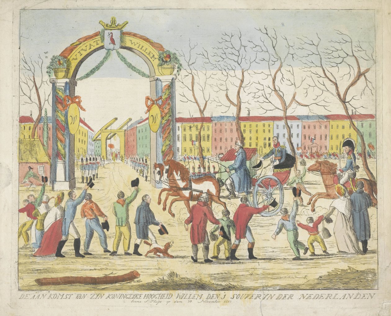 Ankomst av prinsen av Orange i Haag, 1813 Ankomsten av Hans Kongelige Høyhet Willem den 1 souveryn der Nederlanden benne S: Hage den 30. november 1813 (tittel på objekt) av Anonymous