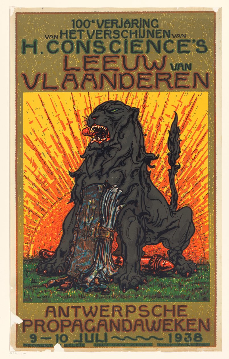 Plakat i anledning hundreårsdagen for utgivelsen av De Leeuw van Vlaanderen av Henri Conscience 100-årsjubileet for utgivelsen av H. Consciences Leeuw van Vlaanderen (tittel på objekt) av Anonymous
