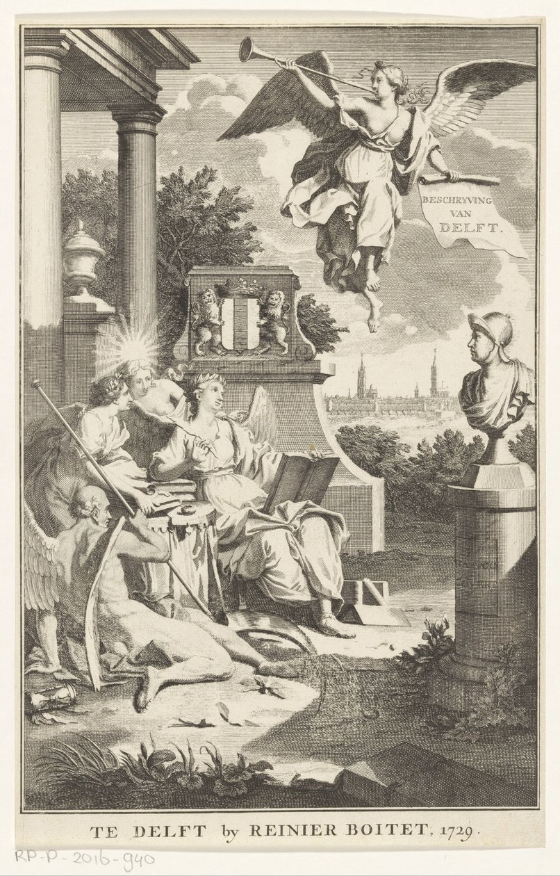 Allegori av Delft Beskrivelse av Delft (tittel på objekt) Tittelside for: S.n., Beschryving der stadt Delft, 1729 av Anonymous