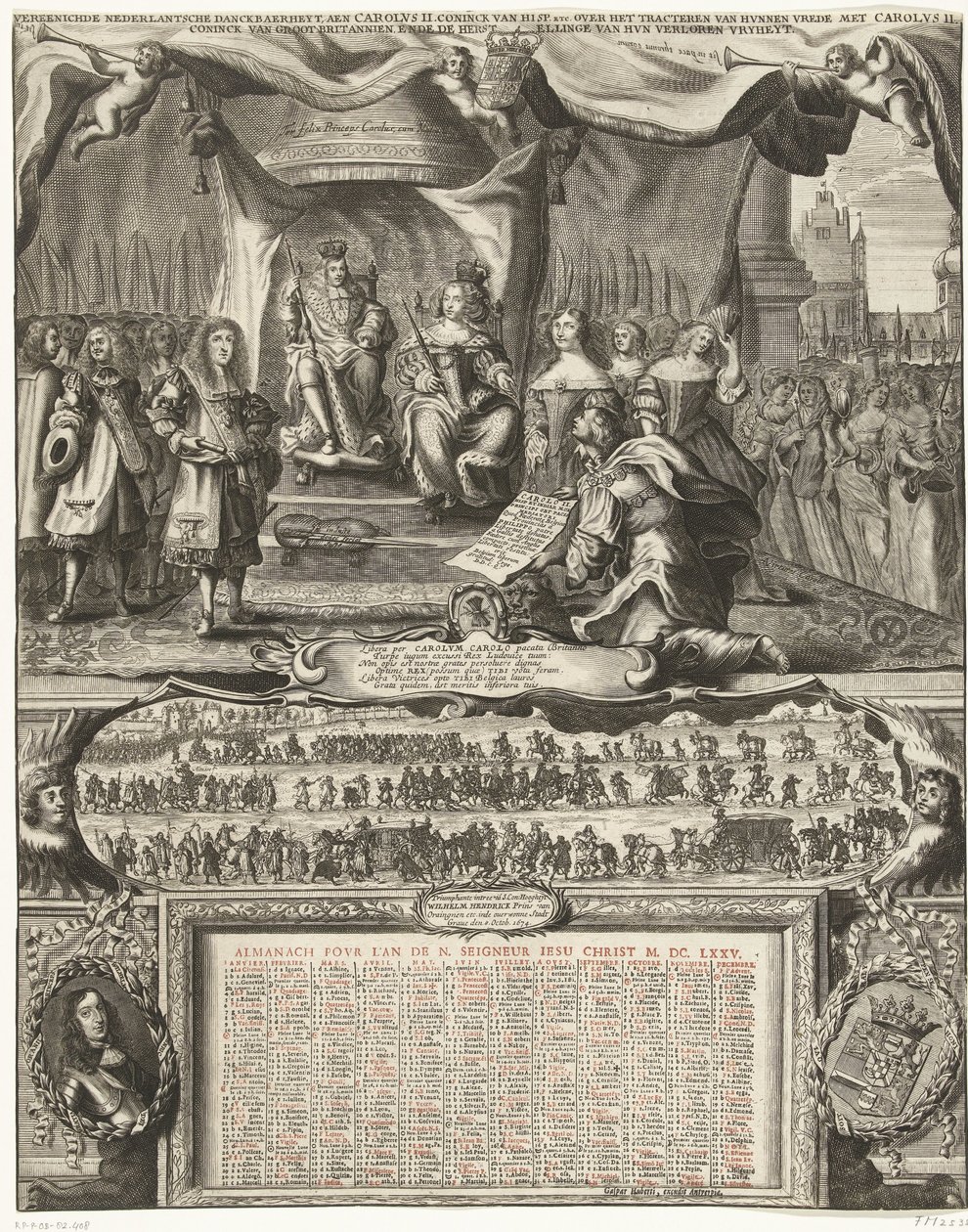 Allegori om freden med England i 1674 og almanakken for året 1675 Vereenichde Nederlantsche danckbaerheyt, aen Carolus II. Coninck van Hisp. osv. om å slutte fred med Carolus II. Coninck of Great Britannien, ende de recoverli av Anonymous