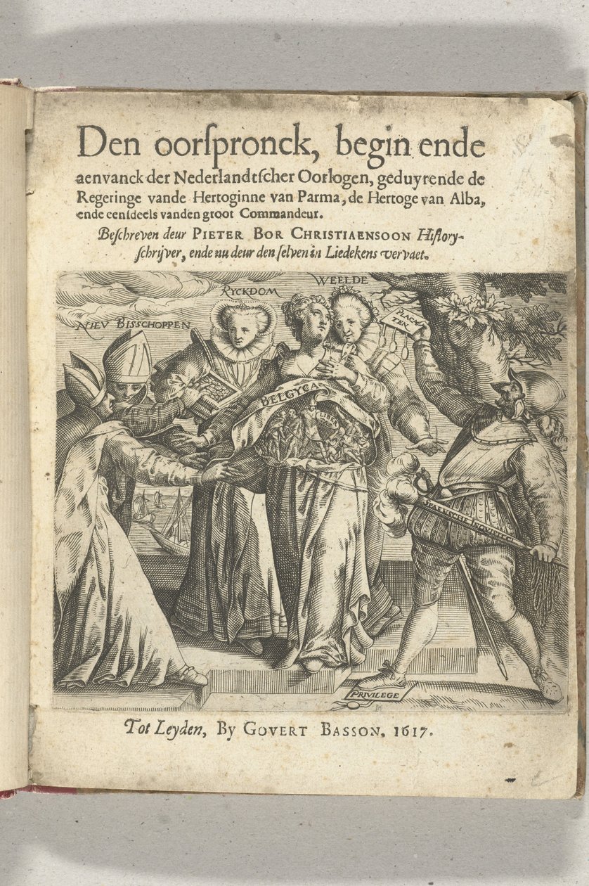 Allegorisk tittelside i: Pieter Christiaansz Bor, Den Oorspronck, Beginning and Departing of the Dutch Wars, 1617 av Anonymous
