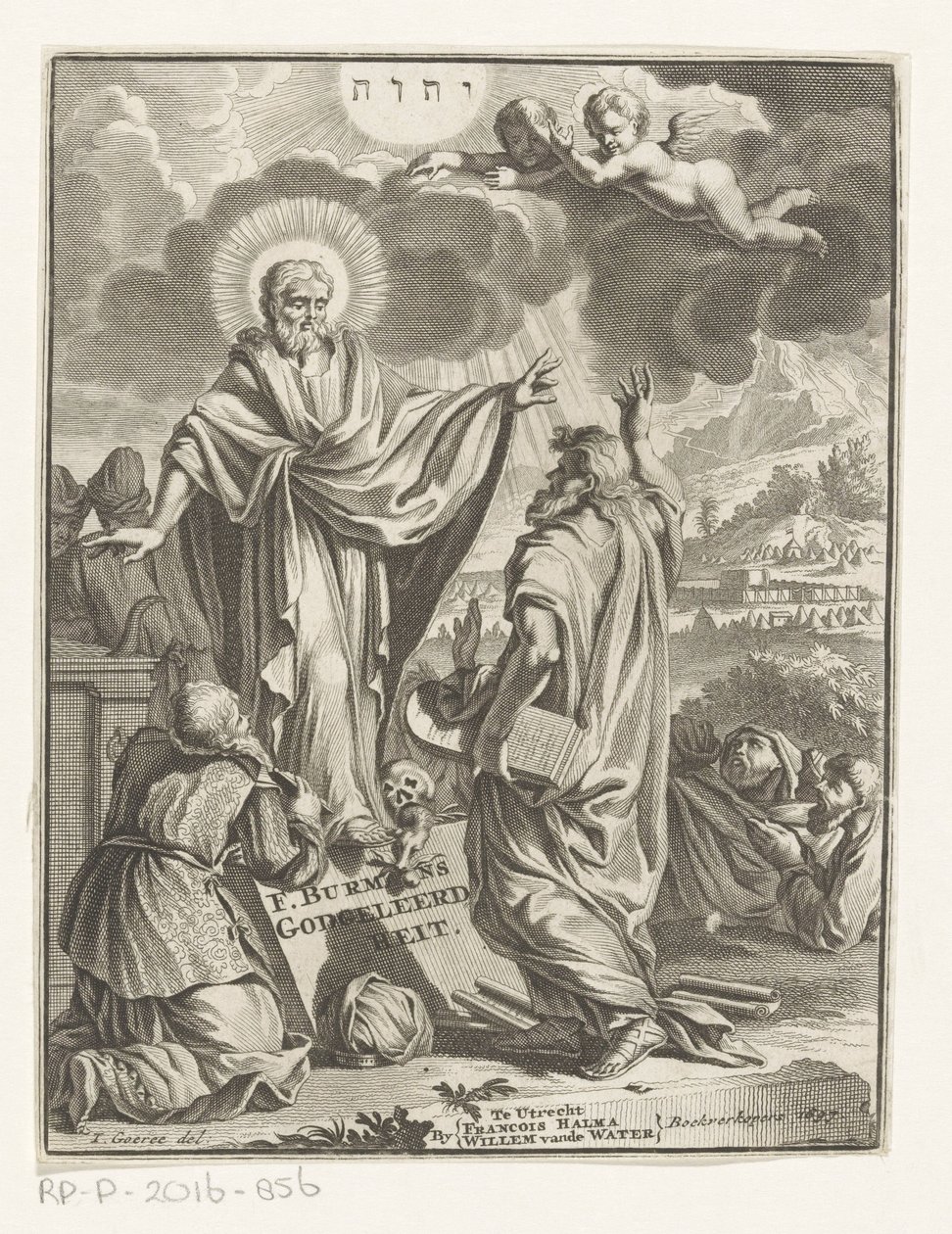 Allegorisk fremstilling med Kristus, Moses og knelende skikkelse Tittelside for: Frans Burman, Teologi, 1697 av Anonymous
