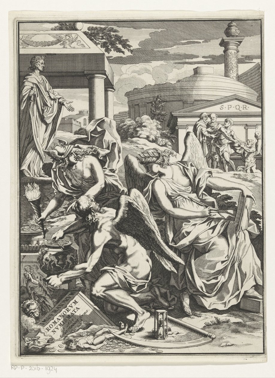 Allegorisk representasjon med historie, fars tid med en pott med mynter Tittelside for: Carl Patin, Imperatorum romanorum numismata, s.a. av Anonymous
