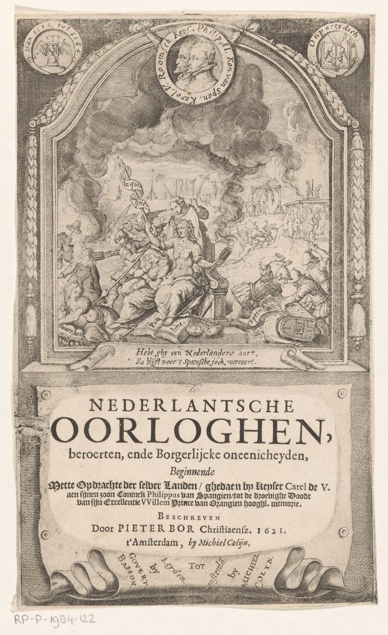 Allegorisk representasjon med spansk inkvisisjon, frihet og sannhet Tittelside for: Pieter Bor, Dutch Wars, 1621 av Anonymous