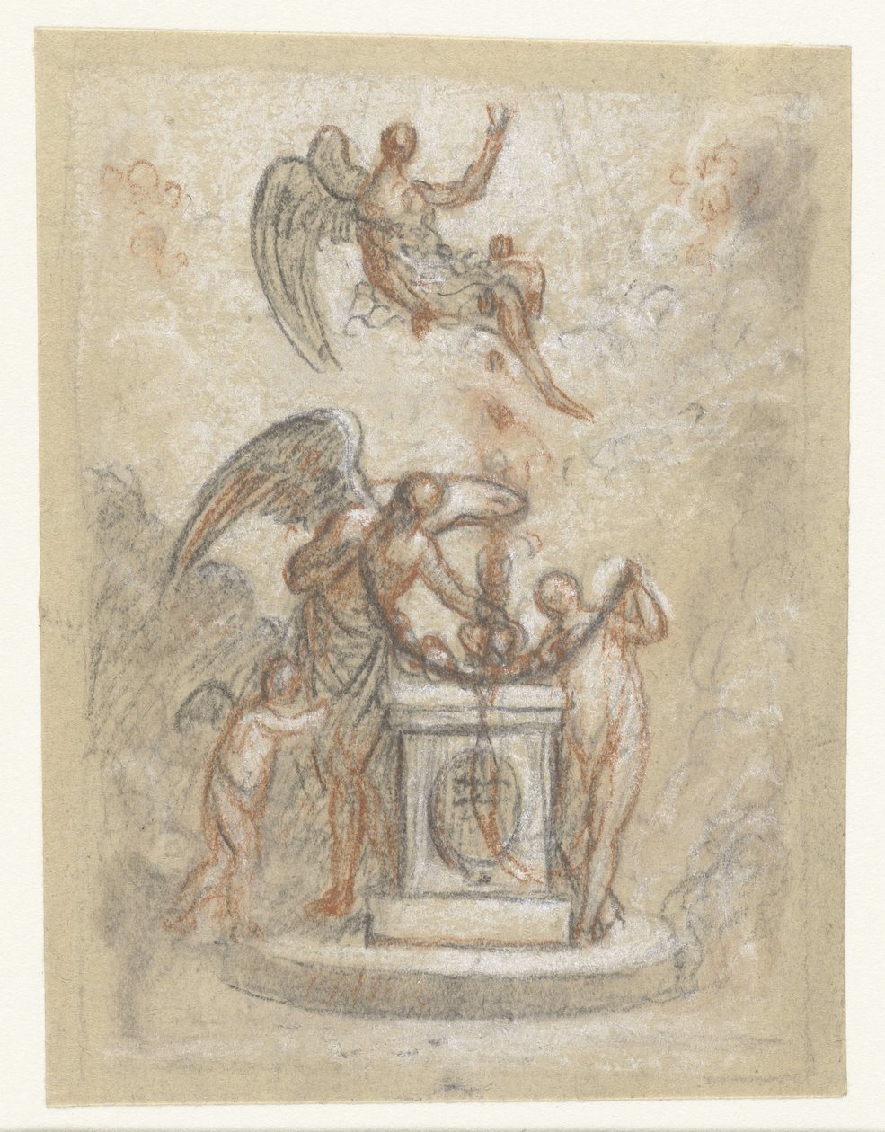 Allegorisk representasjon med Tid og andre figurer rundt et monument eller alter av Anonymous