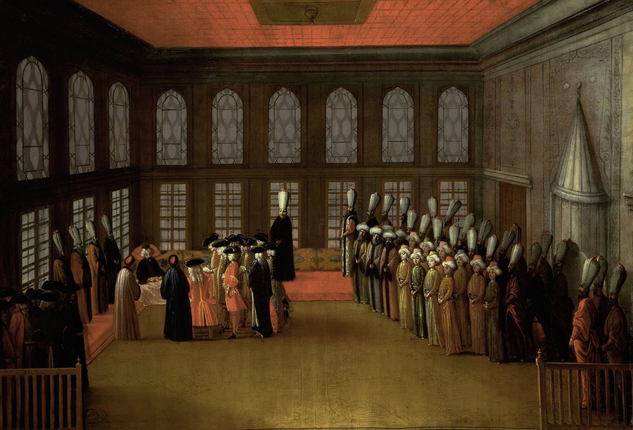 En ambassadørs publikum med storvesiren i hans Yali på Bosporus (ambassadør Cornelis Calkoen, 12. august 1727) av Anonymous