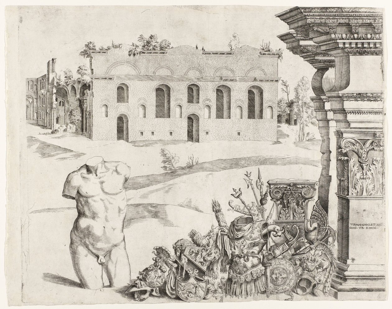 Arkitektur capriccio med spolia, en mannlig torso og utsikt over Diokletians bad av Anonymous