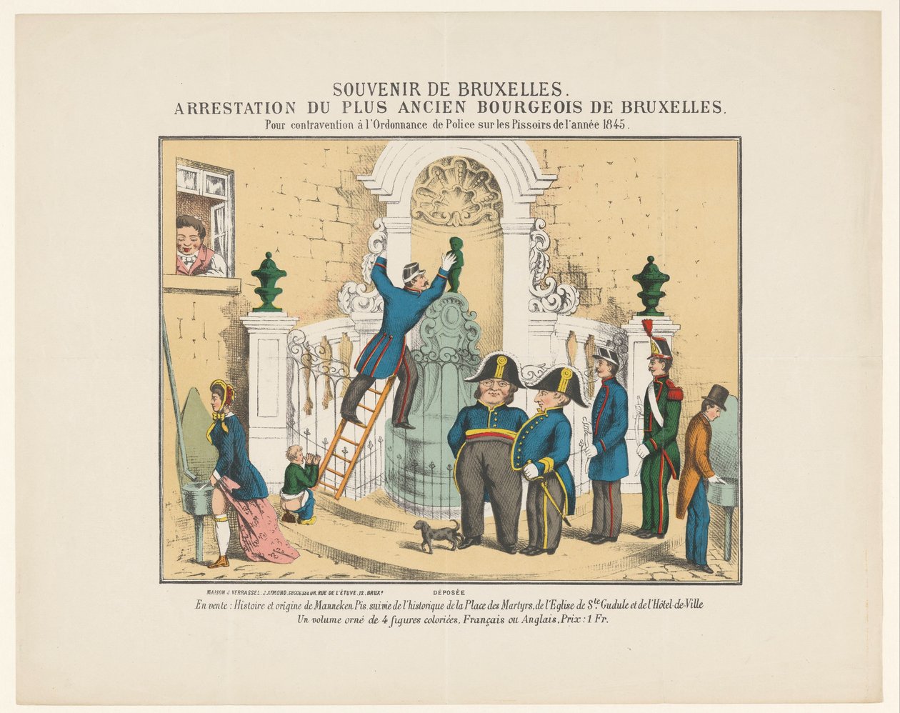 Arrestatie van Manneken Pis, 1845 suvenir fra Brussel. Arrestasjon av den eldste borgerlige i Brussel. For brudd på politiforordningen om pissoirene fra året 1845 (tittel på objekt) av Anonymous