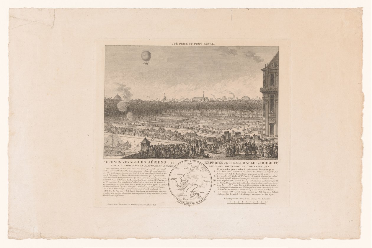 Ballonvlucht fra heren Charles og Robert van Parijs til Beaumont, sett fra de Tuilleriën, 1. desember 1783 Andre flyreisende, eller erfaring fra MM. Charles og Robert, laget i Paris i parterren til den kongelige hagen til Tuilleriene 1. desember av Anonymous