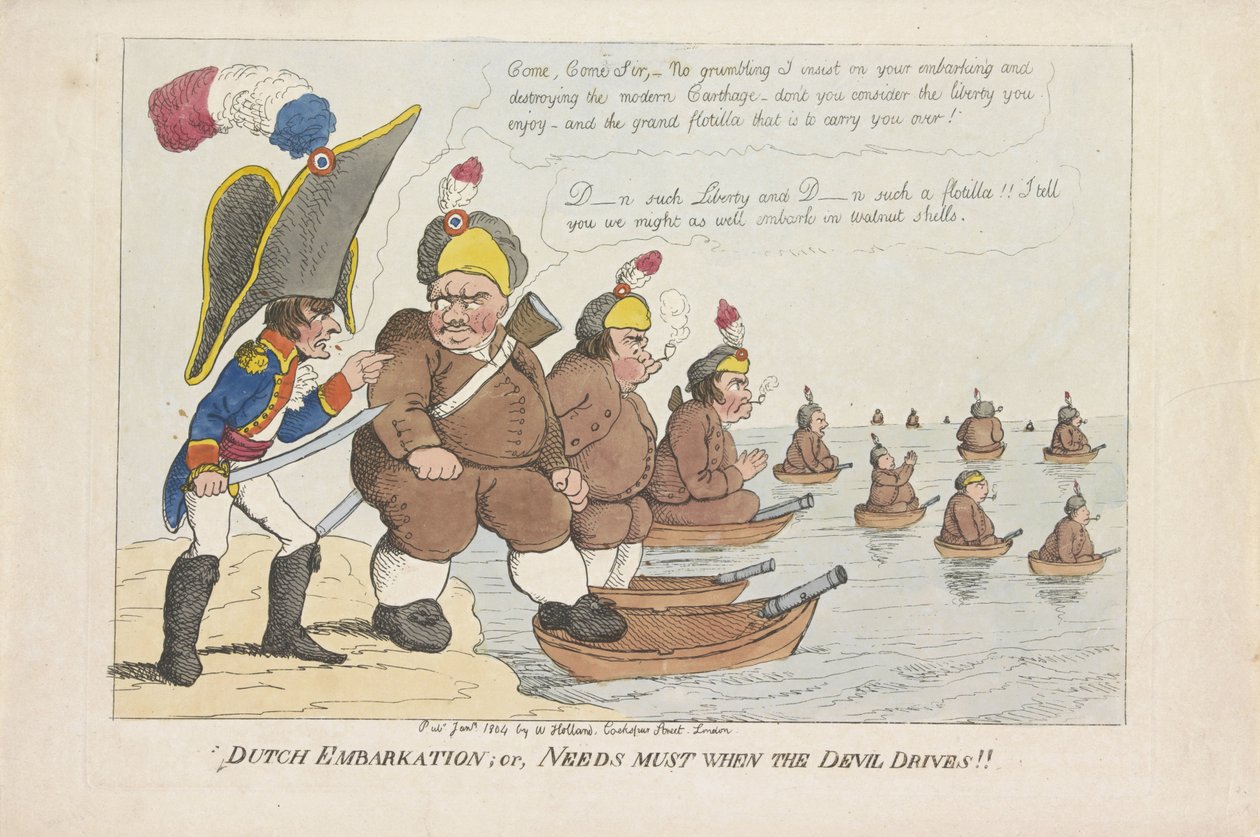 Bataafse vloot, 1804 nederlandsk ombordstigning; eller, behov må når djevelen kjører! (tittel på objekt) av Anonymous