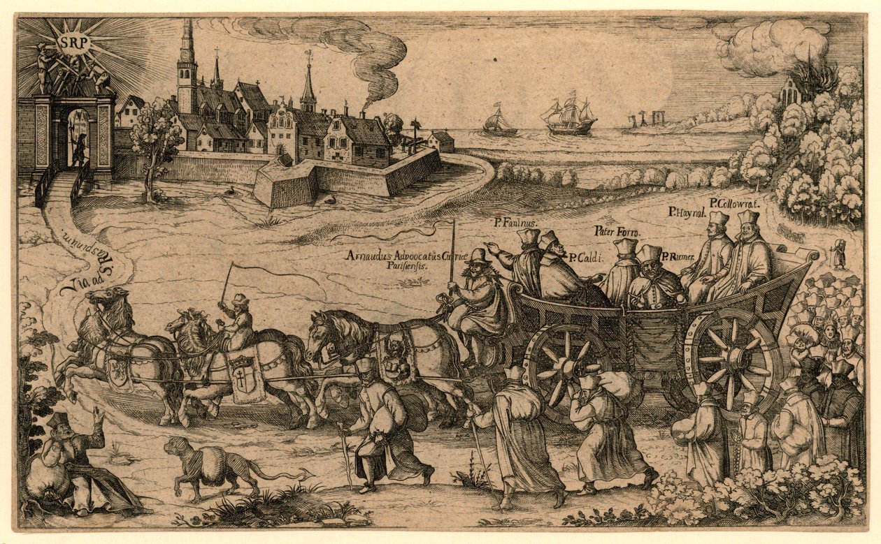 Bedevaart van de verdreven Boheemse en Hongaarse jezuïeten naar het Amsterdamse rasphuis, 1619 Jesuitten som ble utvist fra kongedømmene Böheimb og Hungern gjorde Wallfarth til Saint Raspino og Pono / til fengselet i Amsterdam (tittel av Anonymous