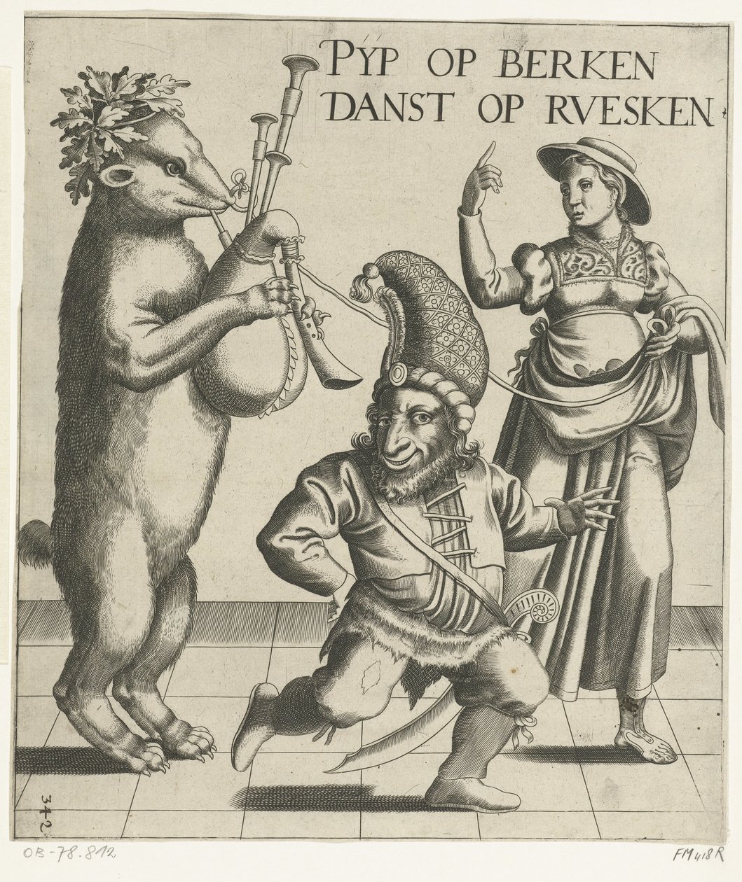 Bjørn med sekkepipe Pyp på bjørker / Danser på ruesken (tittel på objekt) av Anonymous
