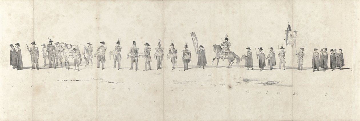 Begravelse av avdøde kong Willem II i Delft 4. april 1849 (side 3) Fem sammenhengende ark av begravelsesfølget til William II i 1849 (serietittel) av Anonymous
