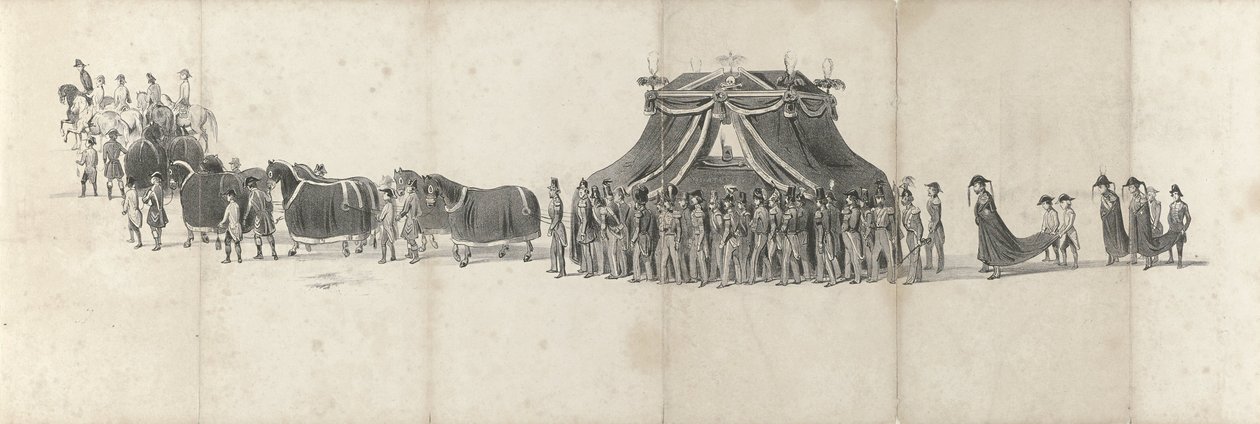 Begravelse av avdøde kong Willem II i Delft 4. april 1849 (side 4) Fem sammenhengende ark av begravelsesfølget til William II i 1849 (serietittel) av Anonymous