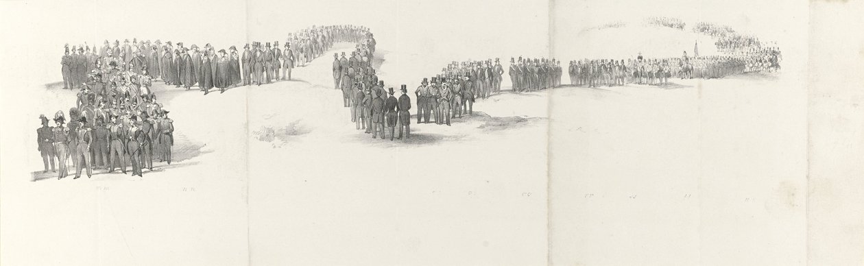 Begravelse av avdøde kong Willem II i Delft 4. april 1849 (side 5) Fem sammenhengende ark av begravelsesfølget til William II i 1849 (serietittel) av Anonymous