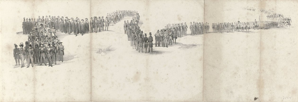 Begravelse av avdøde kong Willem II i Delft 4. april 1849 (side 5) Fem sammenhengende ark av begravelsesfølget til William II i 1849 (serietittel) av Anonymous