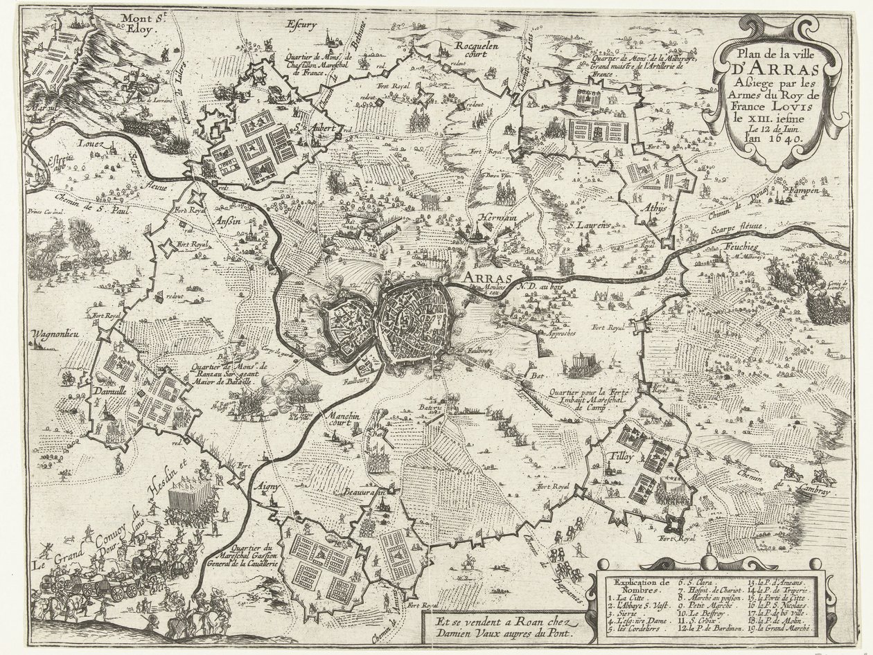 Beleg van Arras dør av Fransen, 1640 Plan av byen Arras beleiret av våpen til kongen av Frankrike Ludvig den XIII.iesme Den 12. juni. år 1640 (tittel på objekt) av Anonymous
