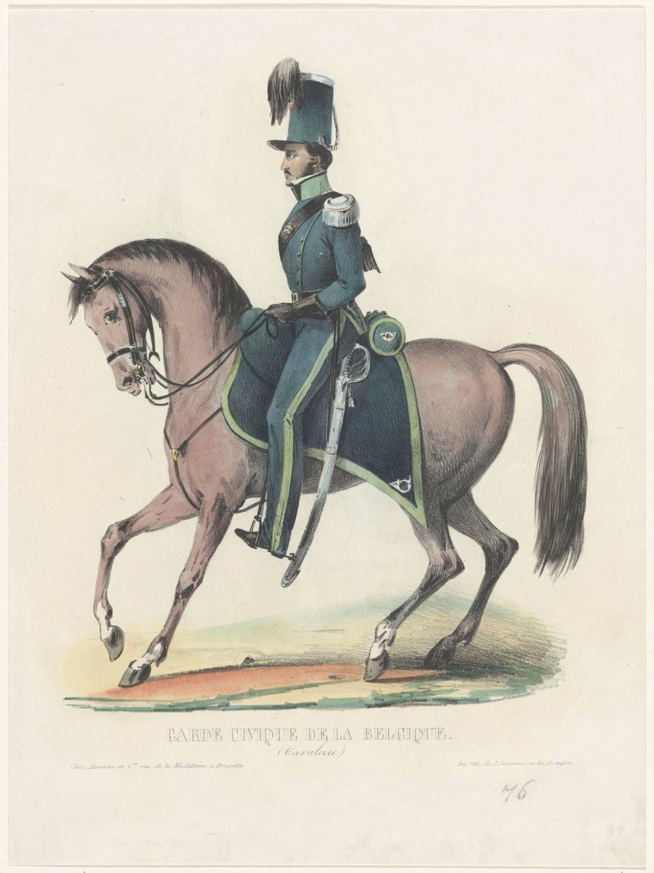 Belgisk vigilante til hest, 1830 Garde Civique de la Belgique (kavaleri) (tittel på objekt) av Anonymous