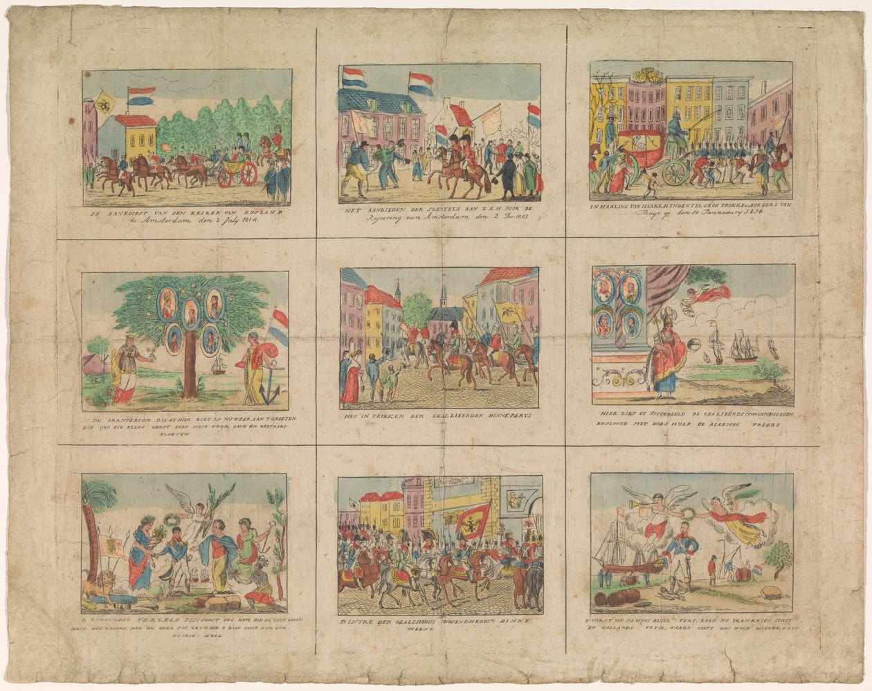 Ark med 9 fremstillinger av historiske hendelser i årene 1813-1814 (tittel på objekt) av Anonymous