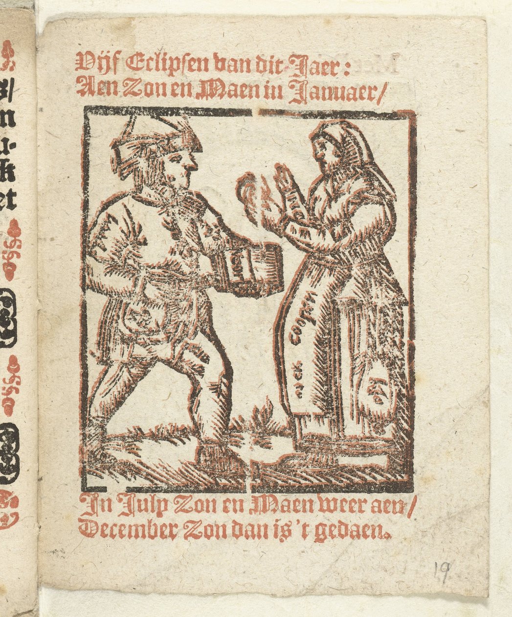 Side med stående figurer av en kjøpmann og en kvinne, 1712 I hvilken Lidt de Maen er / hvor du dør / forlater naken med mindre det er flott notat; Als Peste / Pleures er / ende sulck quaet / oock ikke sonder des Meestersraet (tittel på objekt) av Anonymous