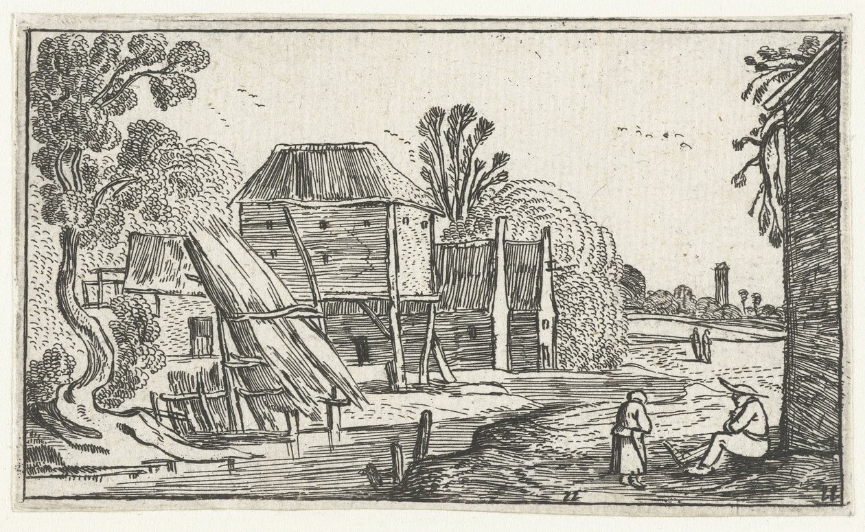 Gård og låve på påler på et vann Landskap etter Esaias van de Velde (serietittel) av Anonymous