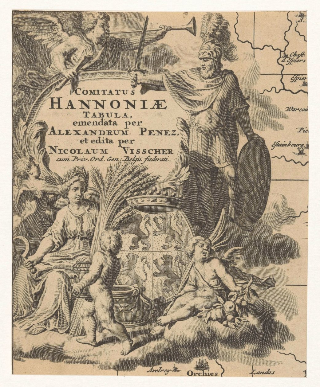 Ceres, putti og wapen Henegouwen Hannonia fylkeskart (tittel på objekt) av Anonymous