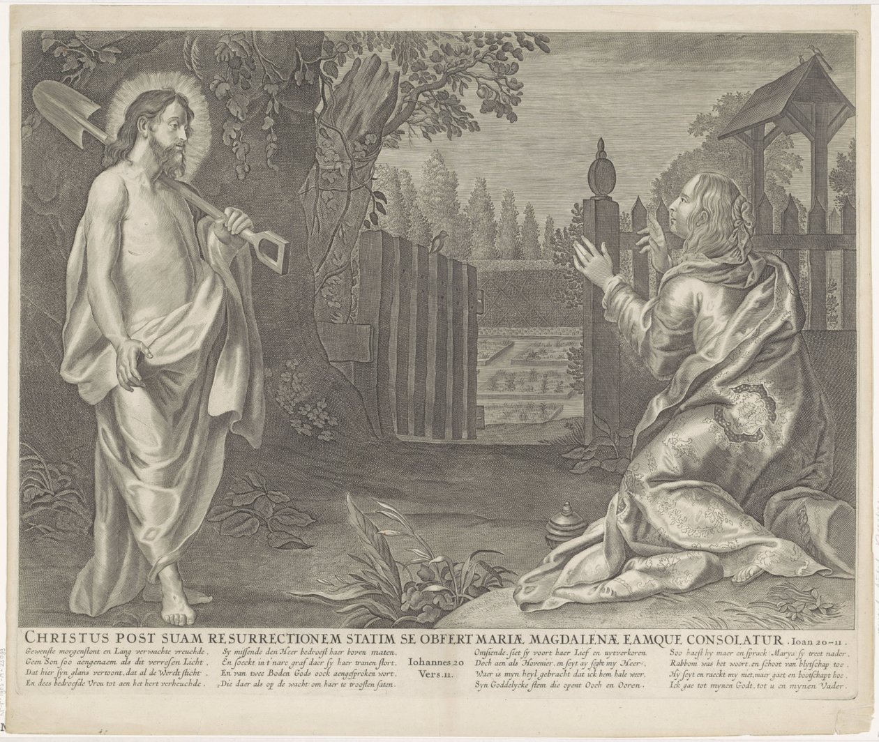 Christus verchicht als tuinman aan Maria Magdalena (Ikke rør meg) Kristus umiddelbart etter hans oppstandelse presenterer seg for Maria Magdalena og trøster henne (tittel på objekt) Royal Bijbel (serietittel) av Anonymous