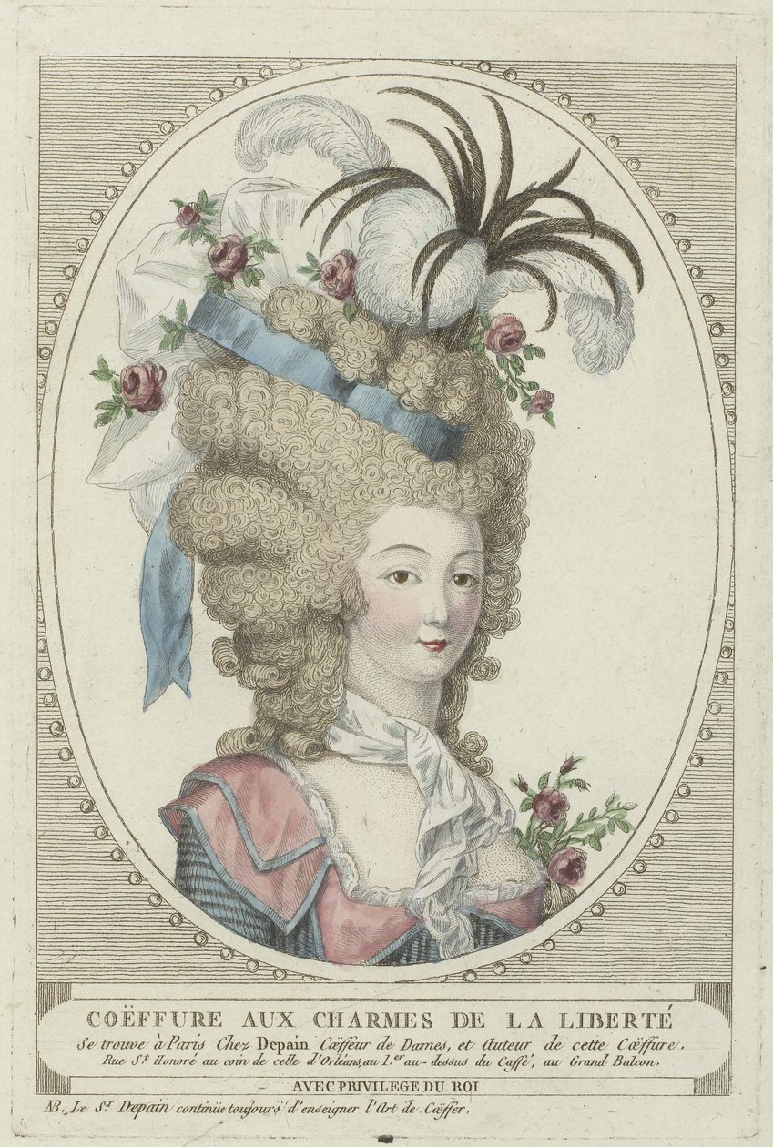 Frisører, puffer, hatter og panser: To frisører av frisøren Depain Coiffures de Depain, ca. 1790: Coëffure with the Charms of Liberty av Anonymous