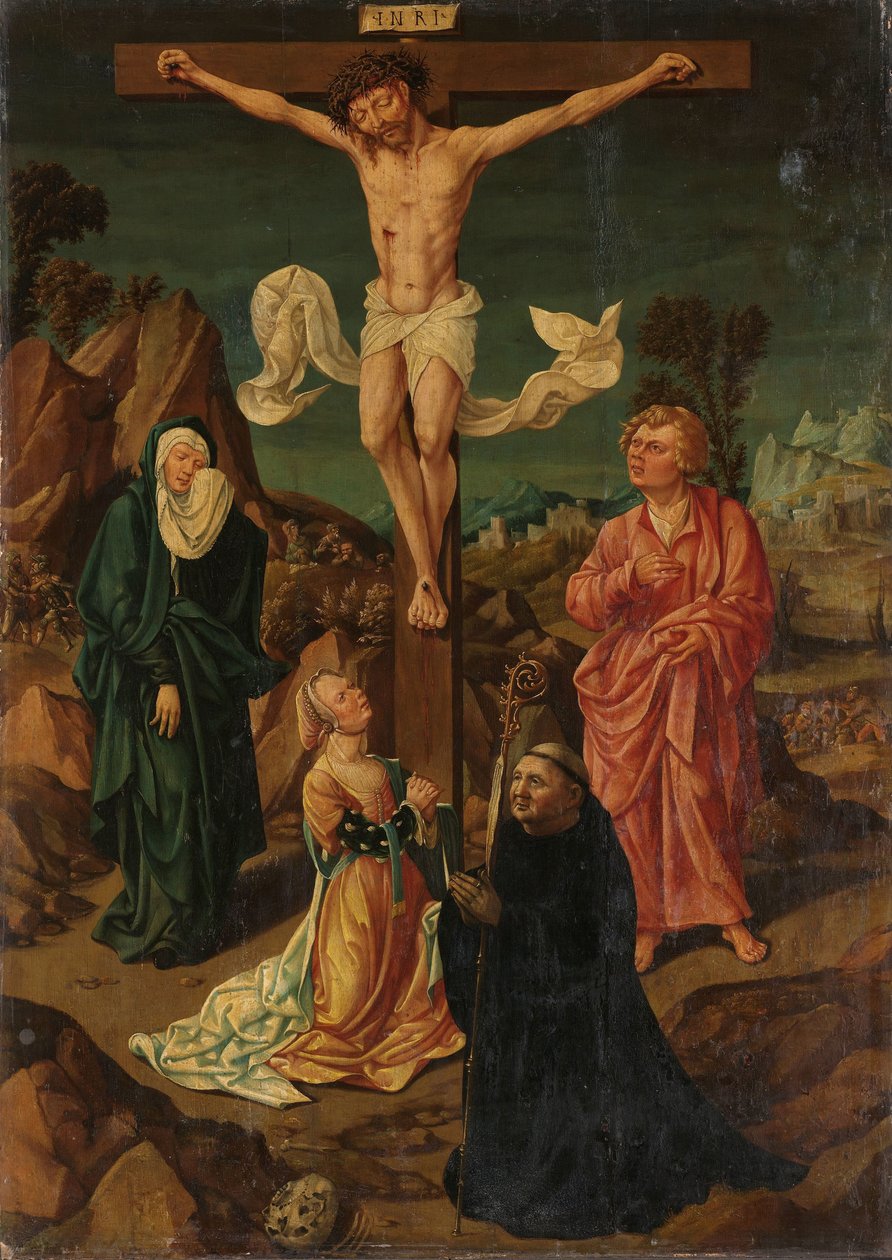 Korsfestelse med jomfruen, Johannes, Maria Magdalena, en giver av Anonymous