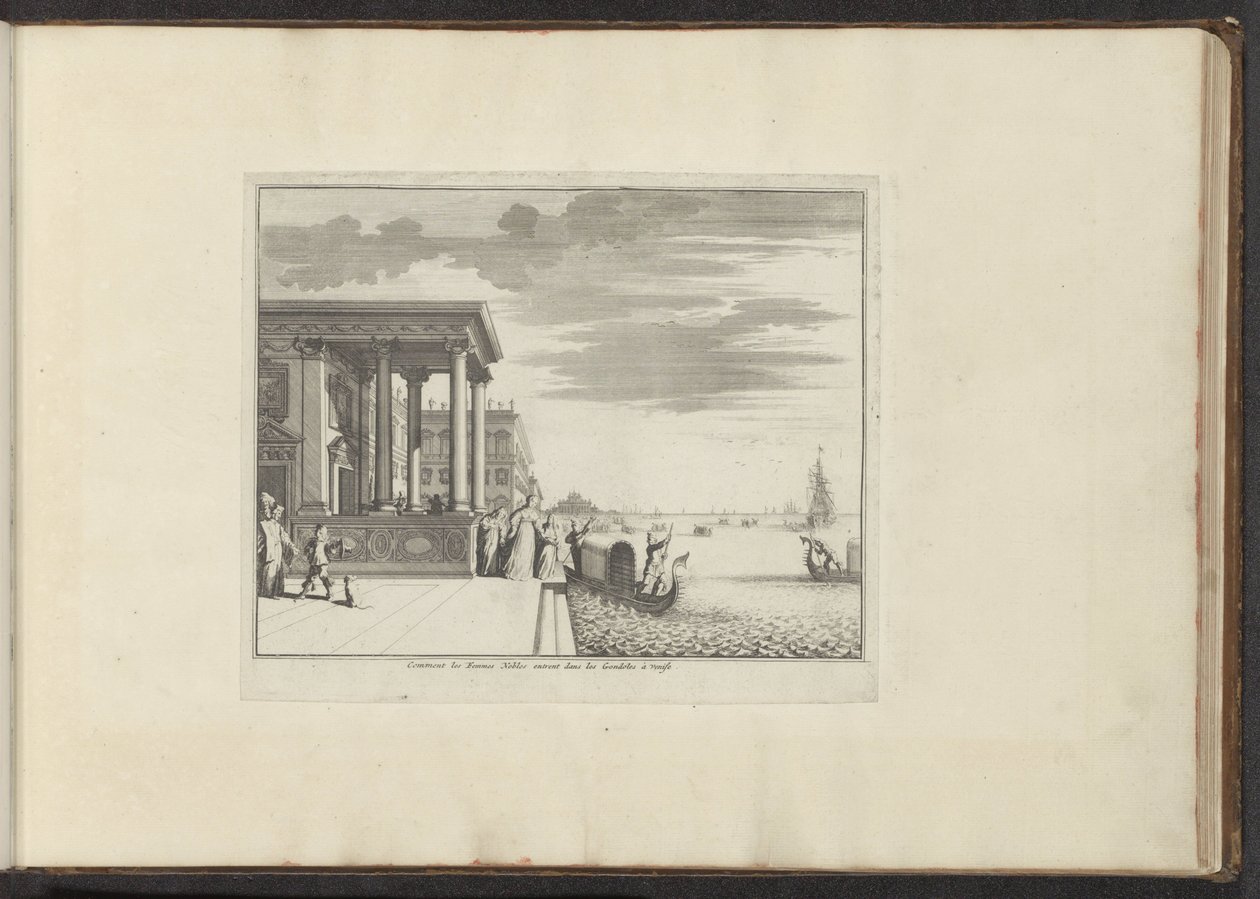 Damer av adelen venter på en gondol i Venezia Kommentar les Femmes Nobles entrent dans les Gondoles à Venise (tittel på objekt) Palasser og monumenter i Venezia, Livorno, Napoli og Roma (serietittel) av Anonymous