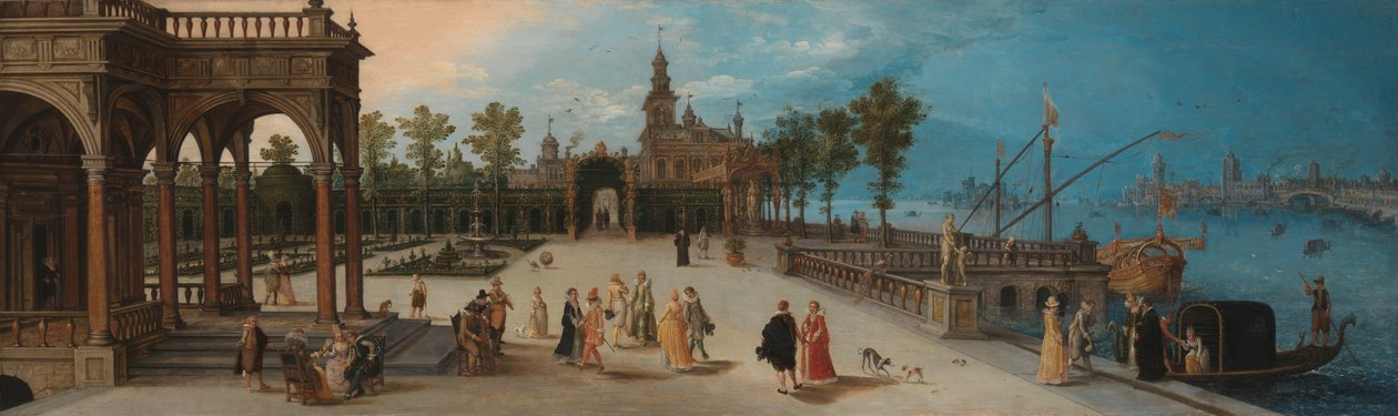 Dansefest i forgården til et imaginært palass med en Capriccio-utsikt over Venezia i det fjerne av Anonymous