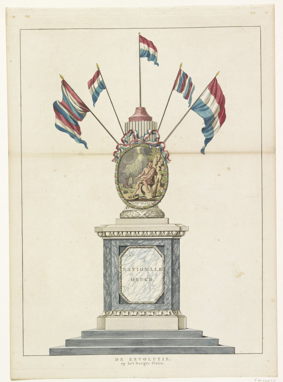 Revolusjonen, dekorasjon på Koningsplein, 1795 Revolusjonen, på Burgerplassen (tittel på objekt) Femten dekorasjoner på Alliantiefeest i Amsterdam i 1795 (serietittel) av Anonymous