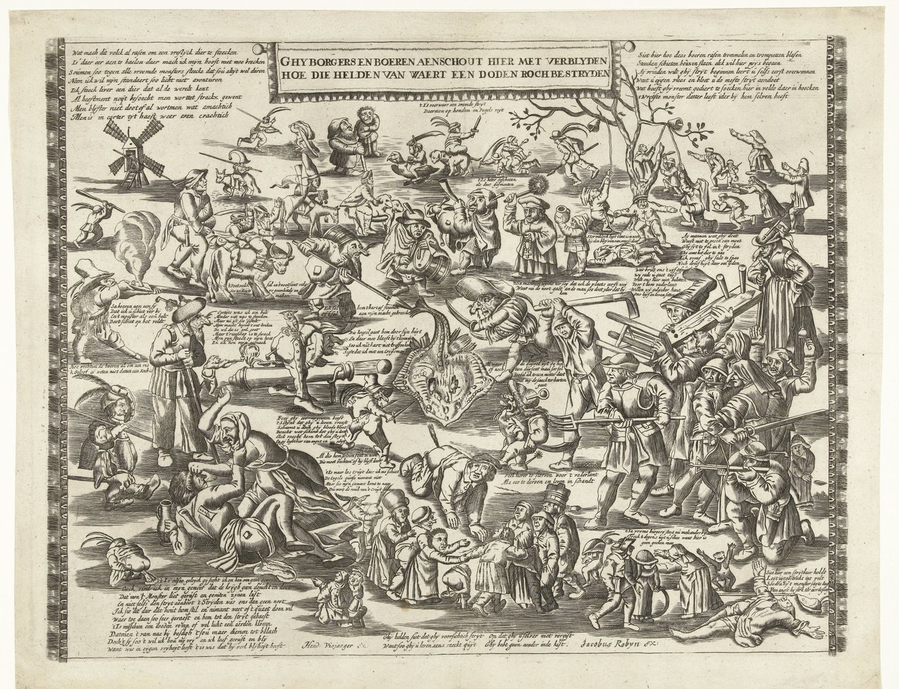Rogstekers of Weert, ca. 1650 Ghy borgere og bønder aenschout her med å glede seg over hvordan heltene fra Waert kjemper mot en død roch (tittel på objekt) av Anonymous