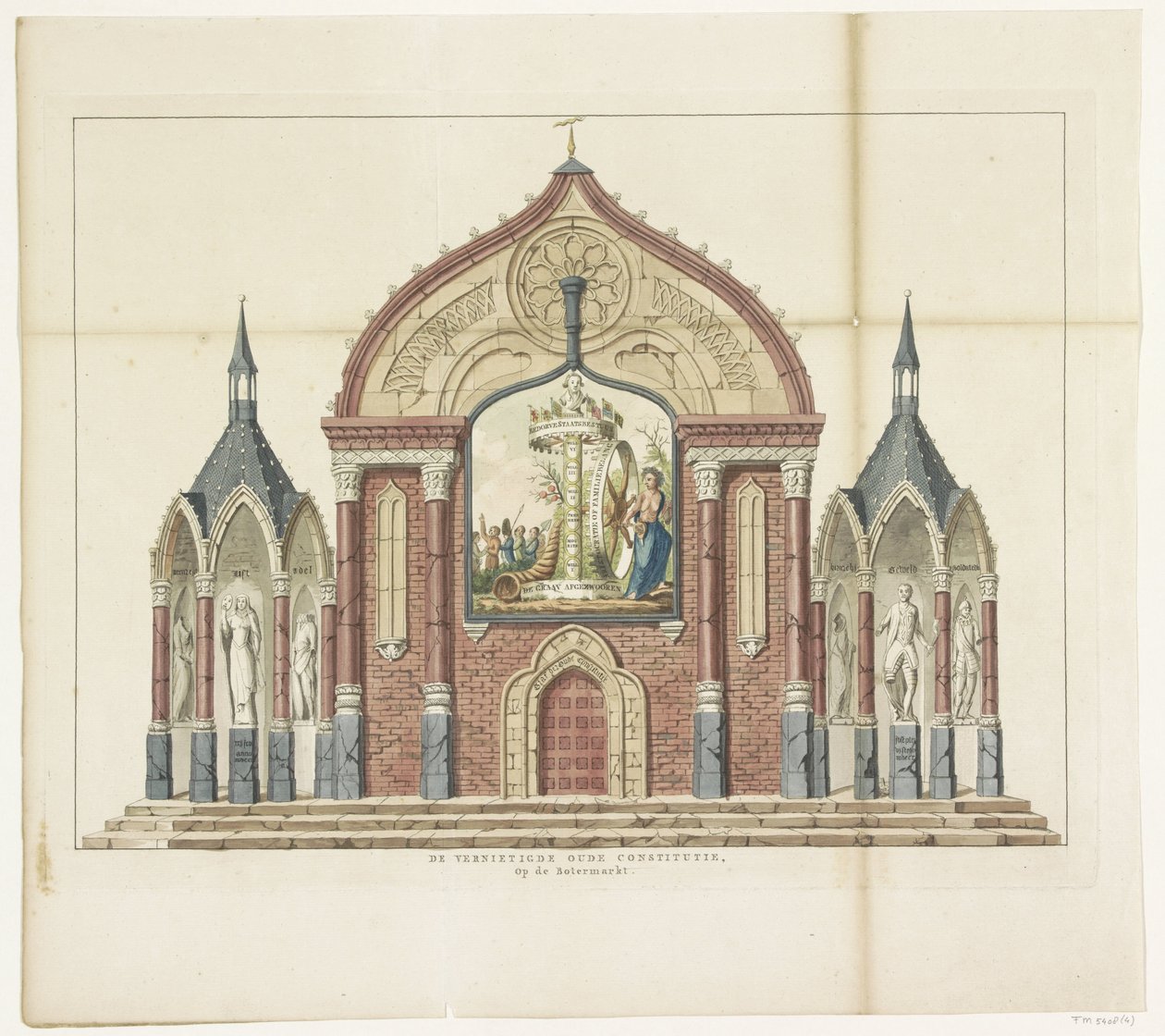 Ødeleggelsen av den gamle grunnloven, dekorasjon på smørmarkedet, 1795 Den ødelagte gamle grunnloven, på smørmarkedet Femten dekorasjoner på Alliantiefeest i Amsterdam i 1795 (serietittel) av Anonymous