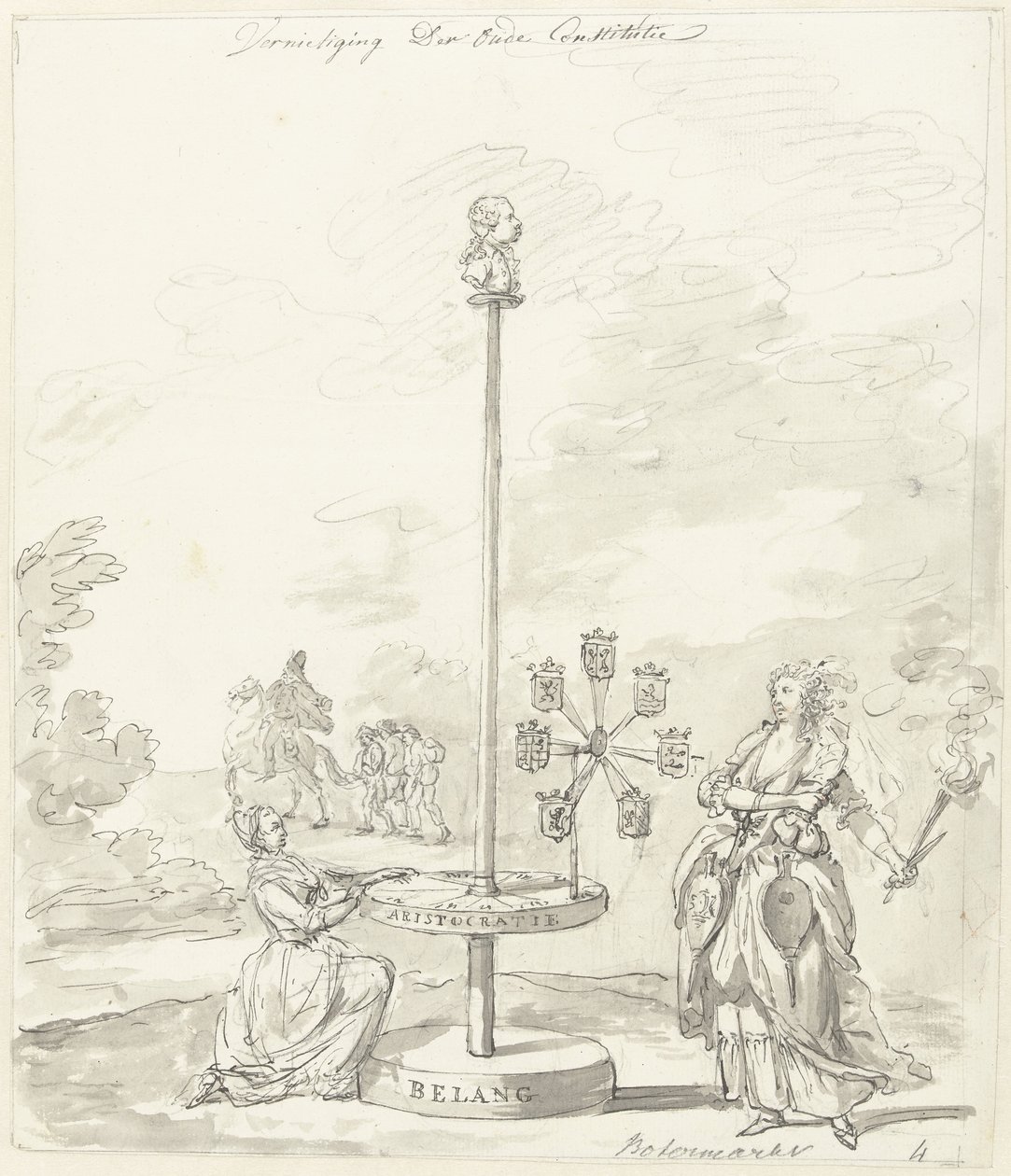 Ødeleggelsen av den gamle grunnloven, dekorasjon på smørmarkedet, 1795 Ødeleggelse av den gamle grunnloven / smørmarkedet (tittel på objekt) av Anonymous