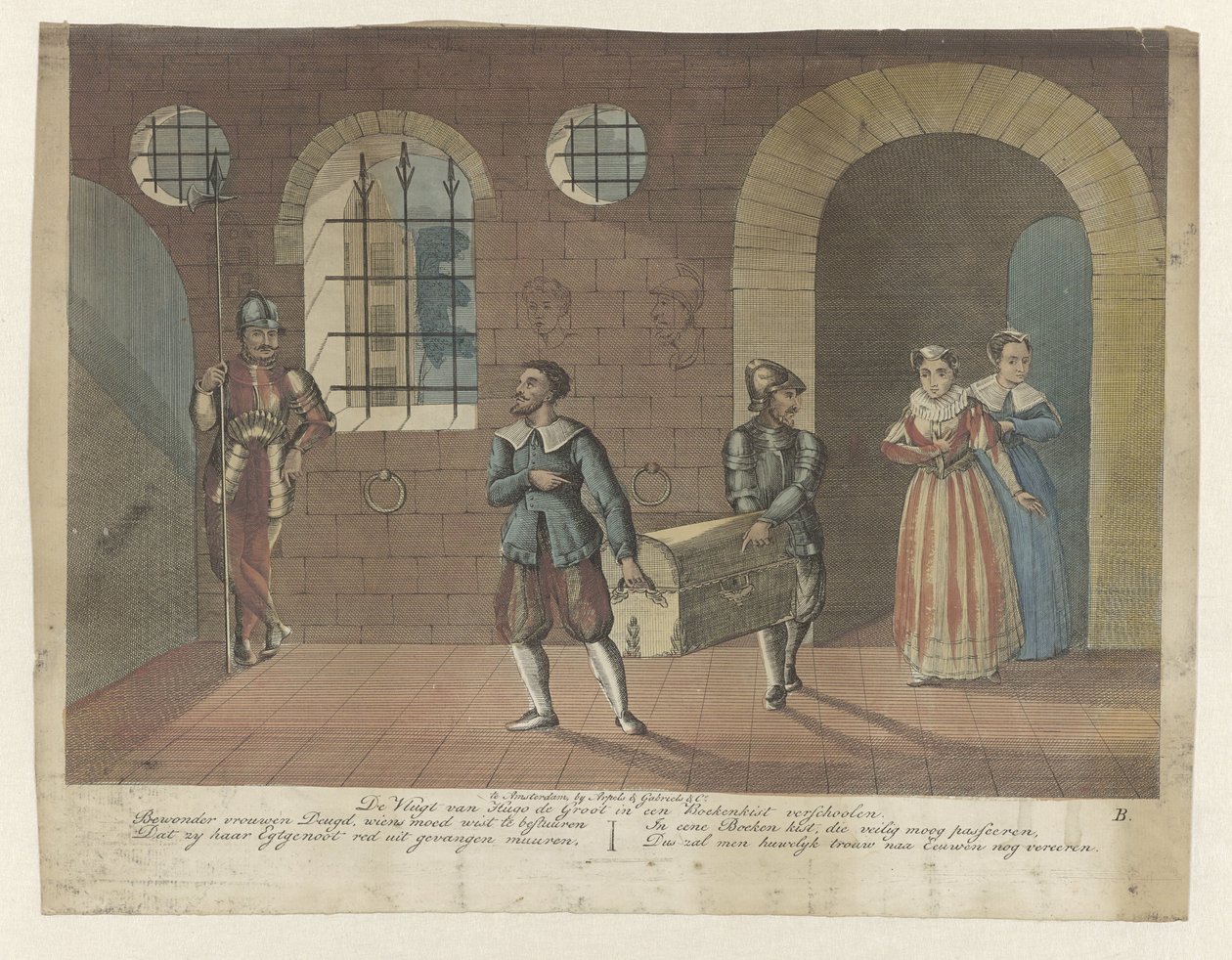 Bokskrinet som Hugo de Groot er gjemt i, bæres til robåten i Loevestein slott, 1621 Hugo de Groots De Vlugt gjemmer seg i en bokhylle (tittel på objekt) av Anonymous