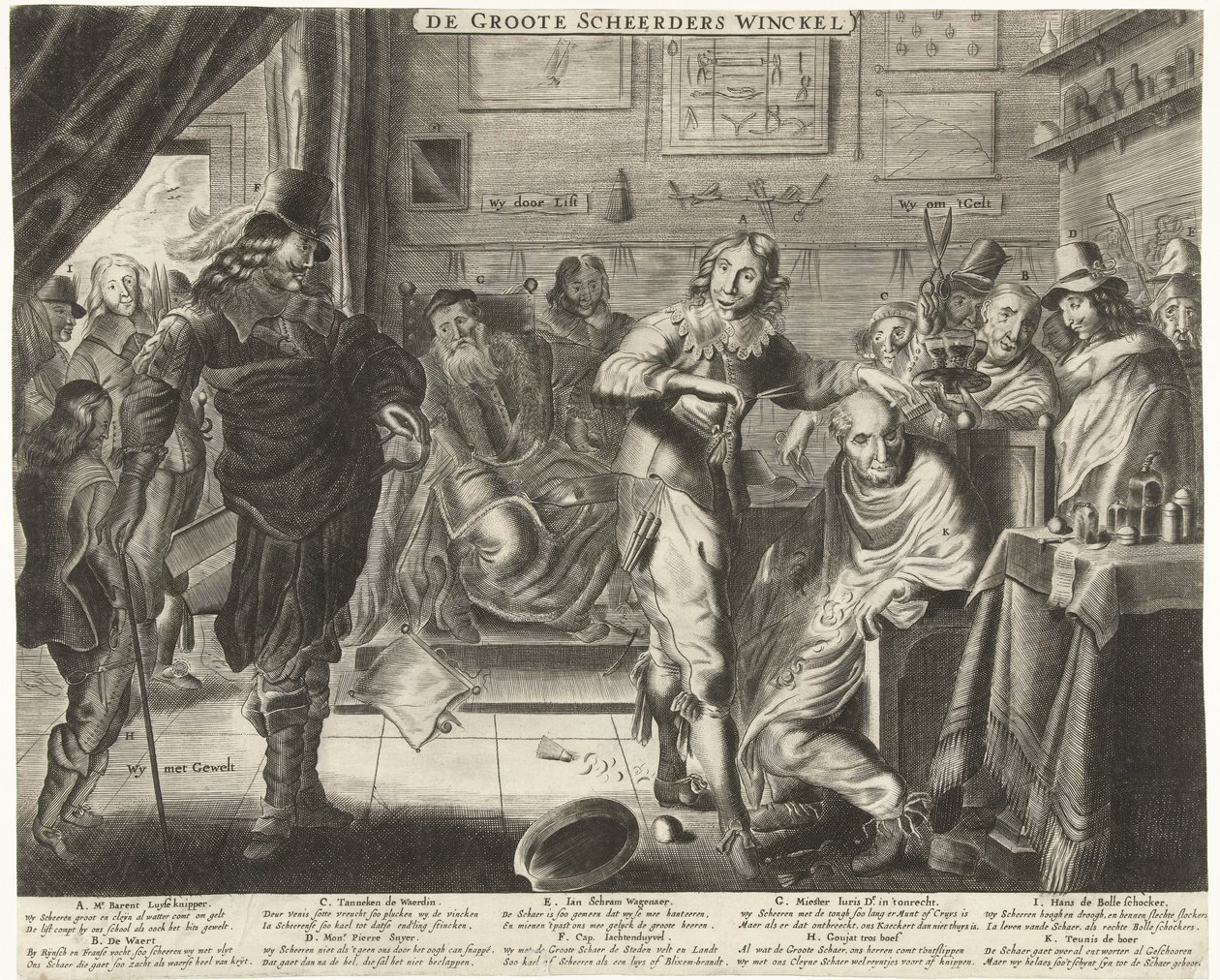Bonden i den store frisørsalongen, ca. 1650 De Groote Scheerders Winckel (tittel på objekt) av Anonymous