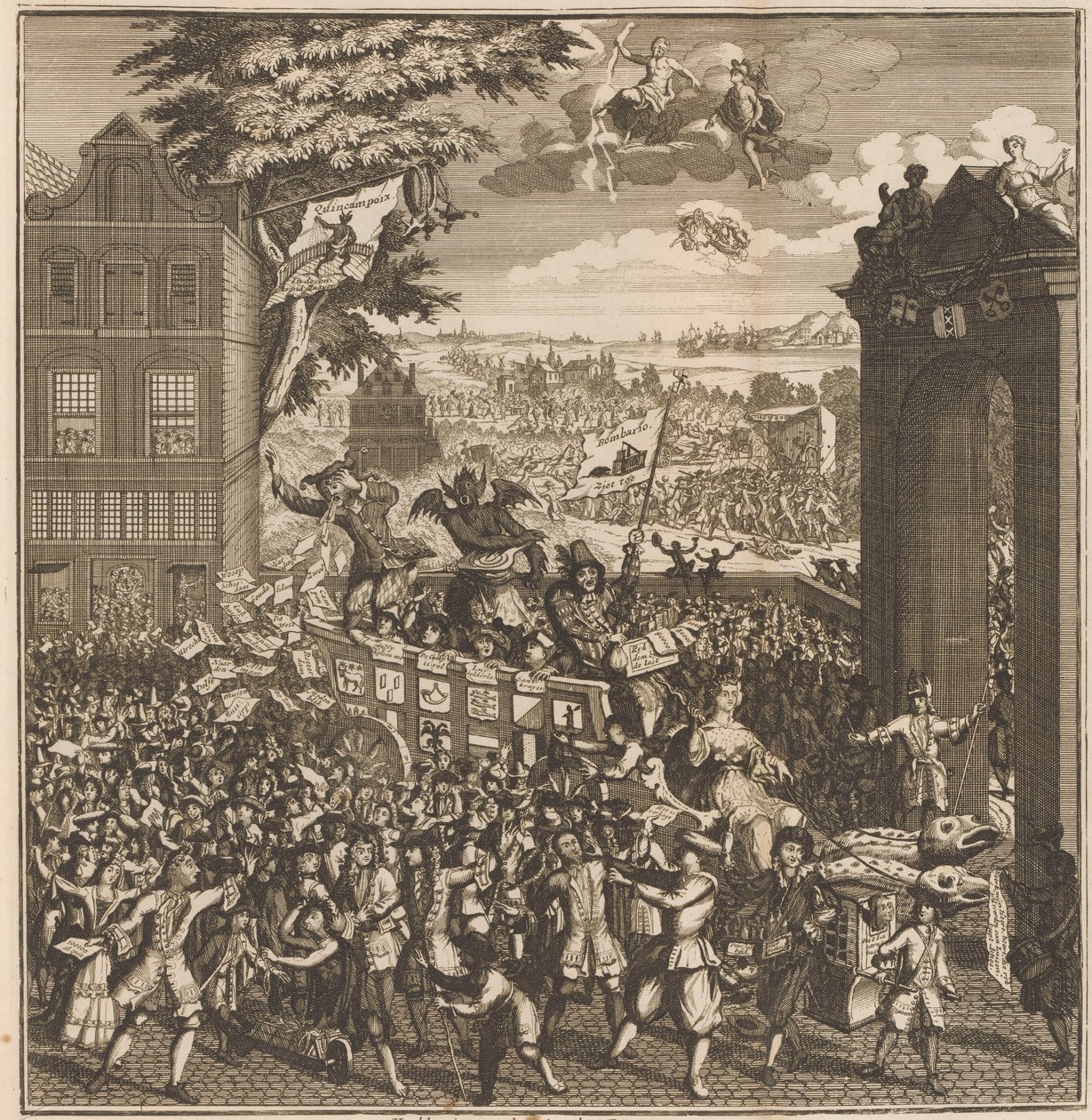 Fairground-boden til actionkjøpmennene, 1720 Fairground-boden, av Actie-boys, brakte glede og tristhet, under 't Kaapen (tittel på objekt) Het Groote Tafereel der Dwaasheid (serietittel) av Anonymous