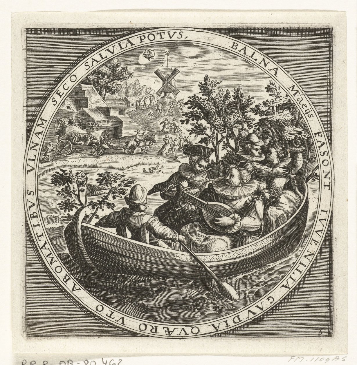 Mai måned, musikklag i båt, ca 1600 Årets tolv måneder avbildet i scener fra populærlivet (serietittel) Schemata XII Mensium sius operationibus, & ad signa zodiaci applicatione, in quatuor anni partes divisa (serien av Anonymous