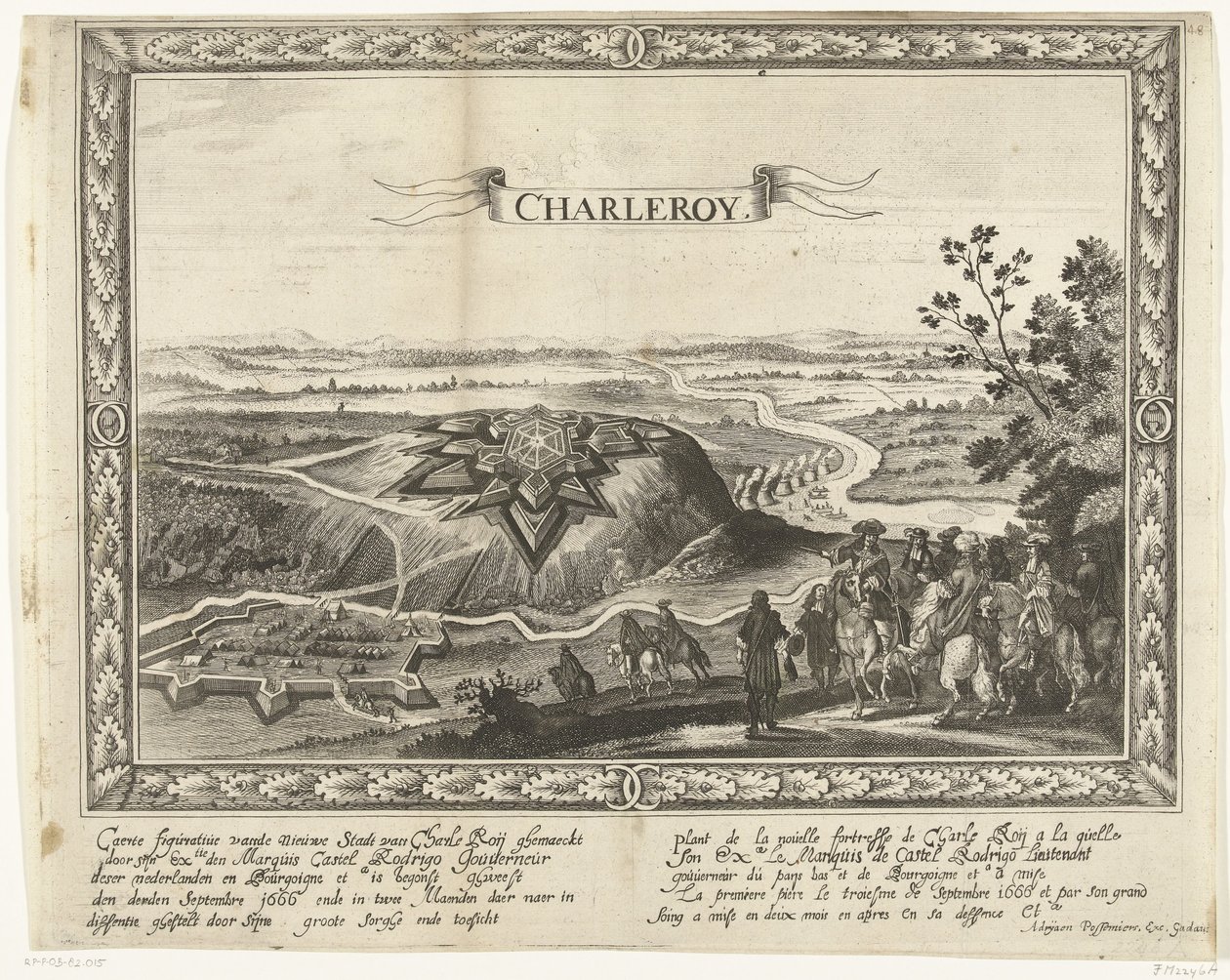 Den nye festningen Charleroi, 1666 Caerte figurativ av den nye byen av Charle Roij (...) (tittel på objekt) Plant de la nouelle fortresse de Charle Roij (...) (tittel på objekt) av Anonymous