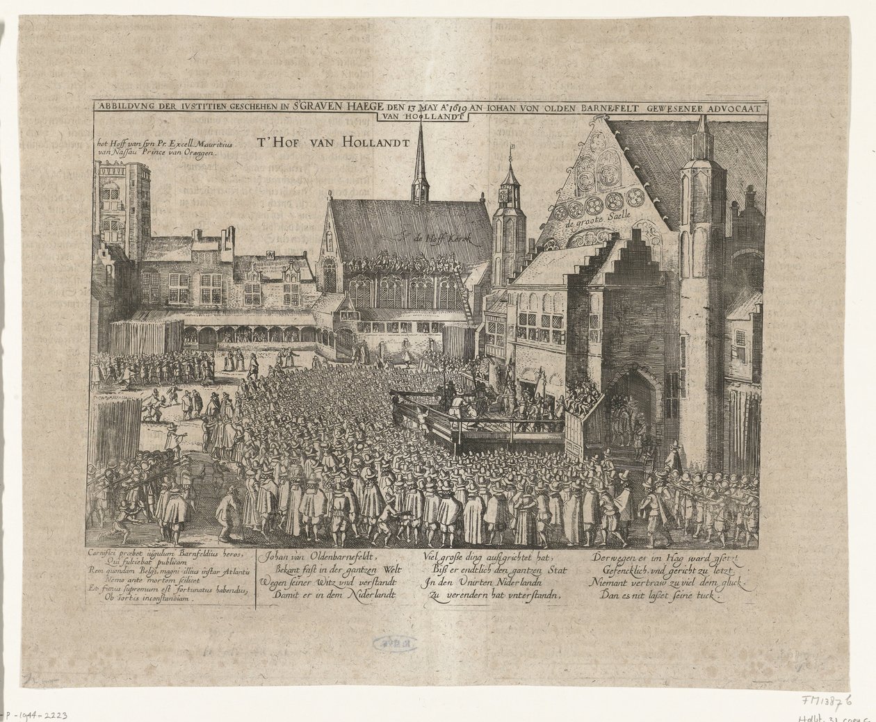 Halshuggingen av Johan van Oldenbarnevelt, 1619 Abbildung der Iustitien Geschehen in s'Graven Haege den 13. mai Ao 1619 an Iohan von Olden Barnefelt gewesener Advocaat van Hollandt (tittel på objekt) av Anonymous